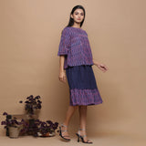 Right View of a Model wearing Blue Handwoven Cotton Ikat Godet Flared Top