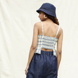 Back View of a Model wearing Blue and Off-White Checks Vegetable Dyed Handspun Cotton Peplum Wrap Top
