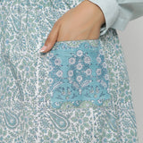Left Detail of a Model wearing Sage Green Hand block Print Gathered Skirt