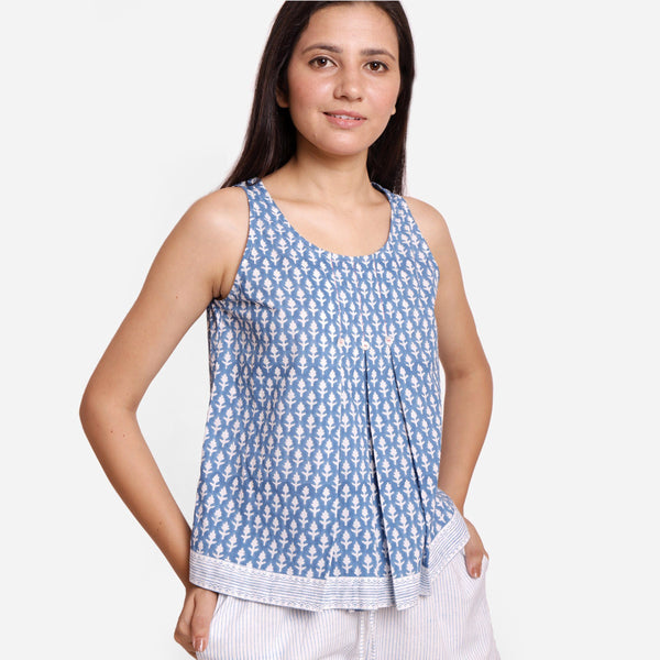 Front View of a Model wearing Block Printed A-Line Cotton Tank Top