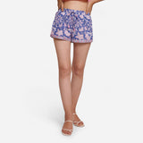 Front View of a Model wearing Blue Sanganeri Print Floral Short Shorts