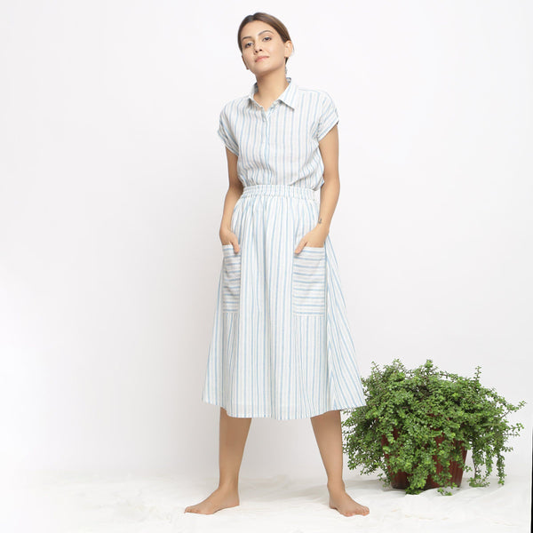 Front View of a Model wearing Blue Striped Shirt and Sky Blue Skirt Set