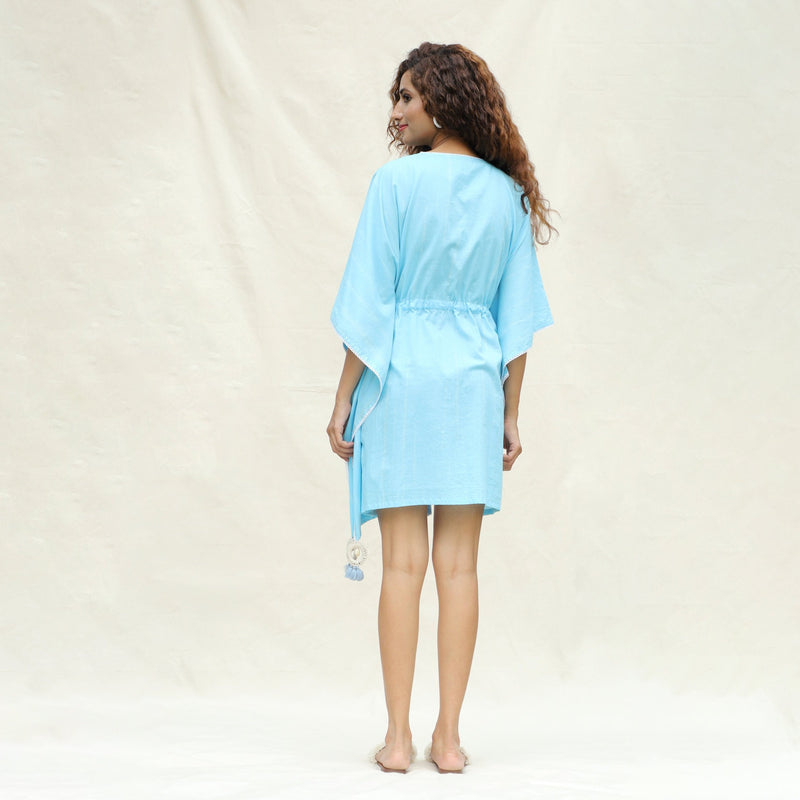 Back View of a Model wearing Blue Hand Tie-Dye Cotton Short Kaftan Dress