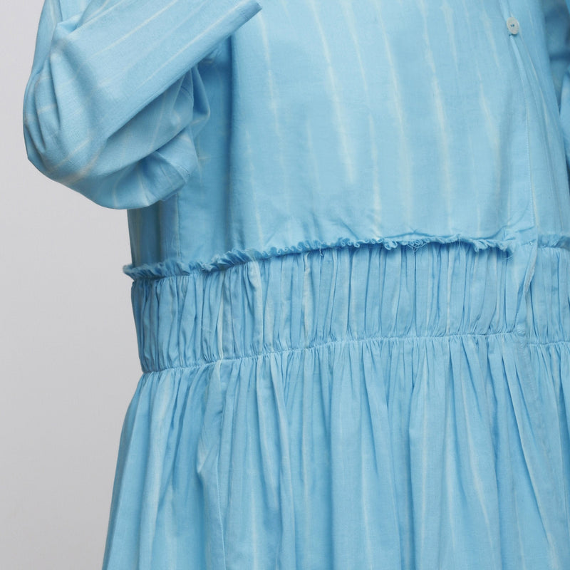 Front Detail of a Model wearing Blue Hand Tie-Dye Cotton Asymmetrical Outerwear
