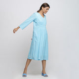 Right View of a Model wearing Blue Tie-Dye Cotton Midi Fit and Flare Dress