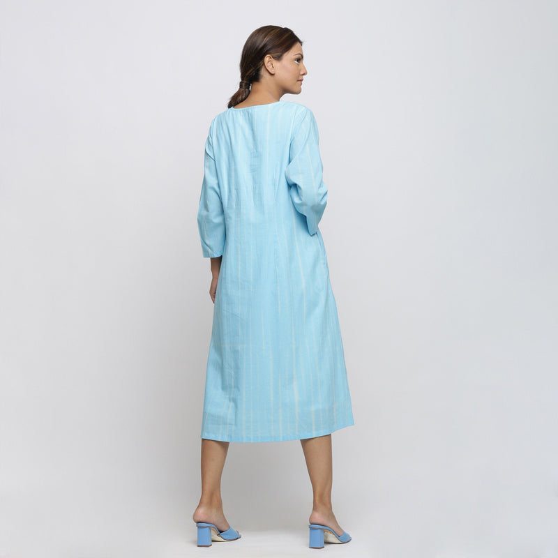 Back View of a Model wearing Blue Tie-Dye Cotton Midi Fit and Flare Dress