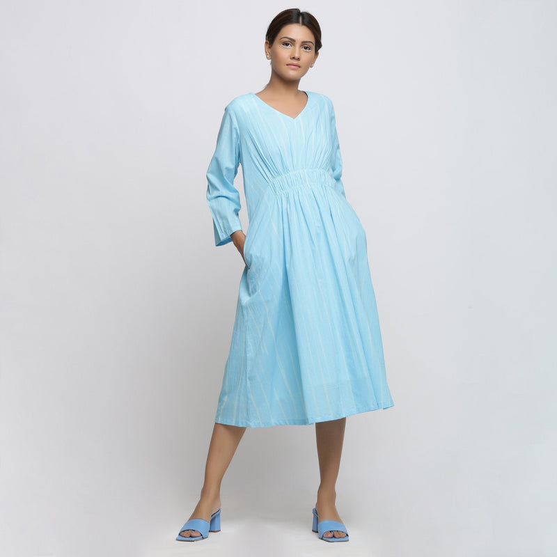 Front View of a Model wearing Blue Tie-Dye Cotton Midi Fit and Flare Dress
