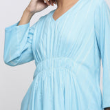 Front Detail of a Model wearing Blue Tie-Dye Cotton Midi Fit and Flare Dress