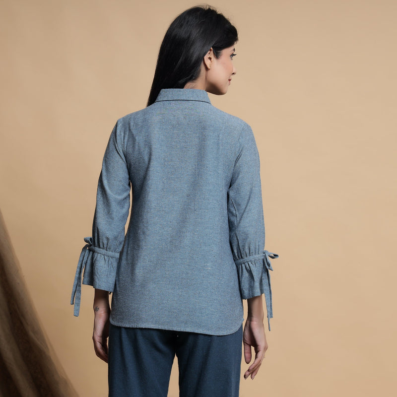 Back View of a Model wearing Turkish Blue Tie-Up Collar Button Down Shirt