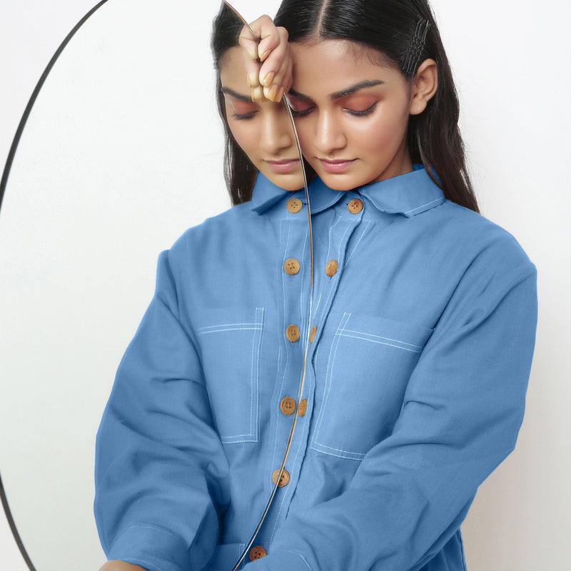 Front Detail of a Model wearing Blue Vegetable Dyed Button-Down Outerwear