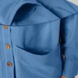 Front Detail of a Model wearing Blue Vegetable Dyed Button-Down Outerwear
