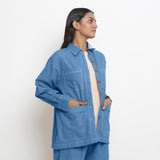 Right View of a Model wearing Blue Vegetable Dyed Button-Down Outerwear