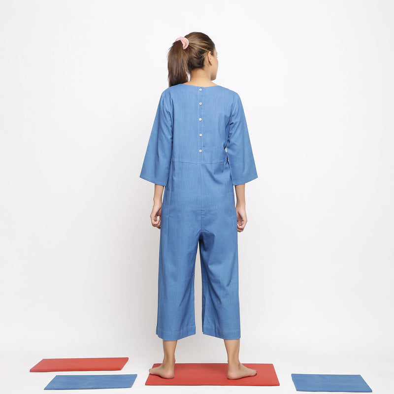 Back View of a Model wearing Blue Vegetable Dyed Straight Jumpsuit