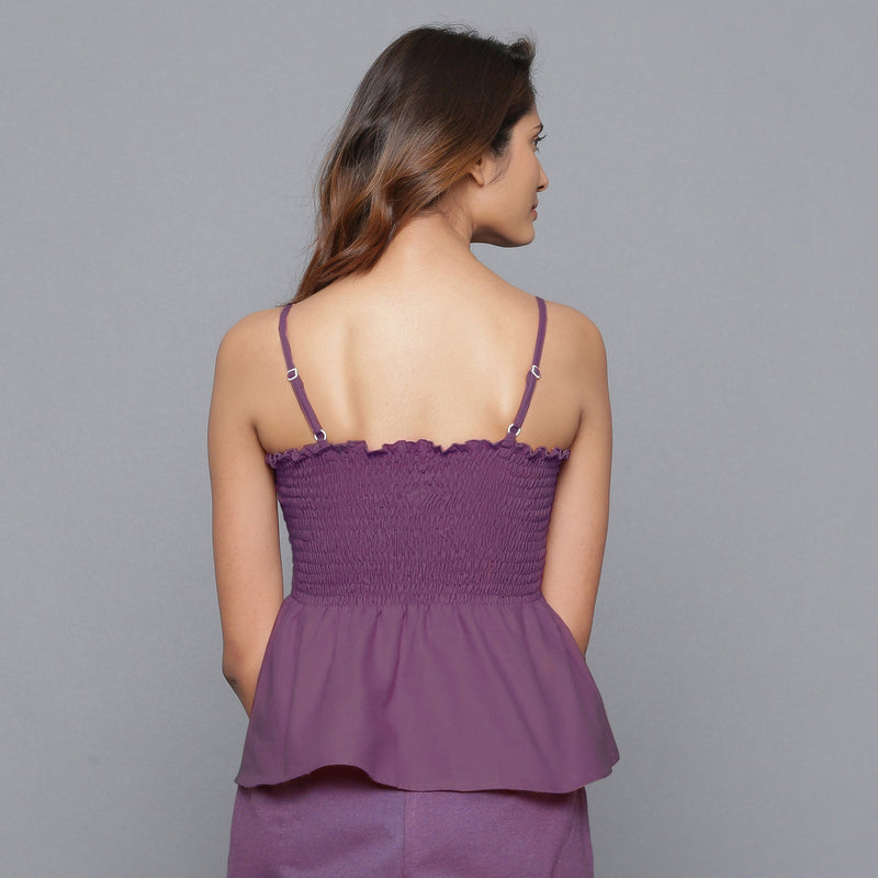 Back View of a Model wearing Grape Wine Flannel Gathered Top