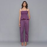 Front View of a Model wearing Grape Wine Top and Rolled-Up Pant Set