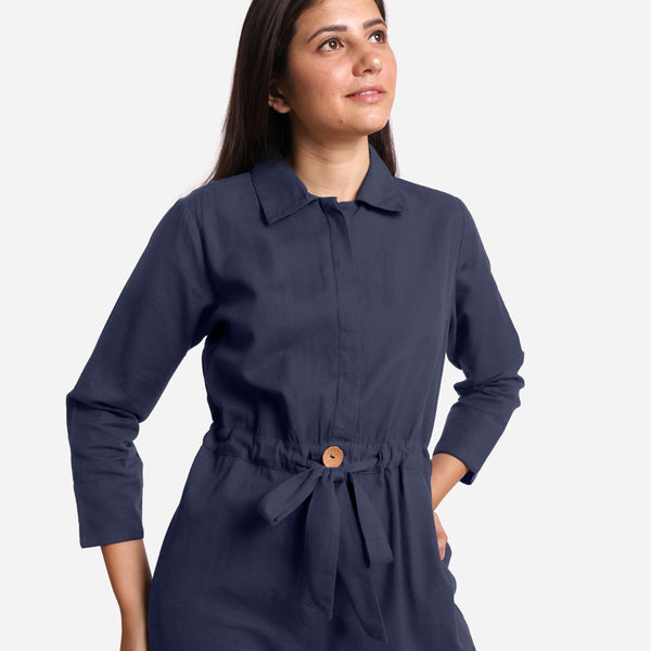 Front Detail of a Model wearing Blue Wide Legged Cotton Overall