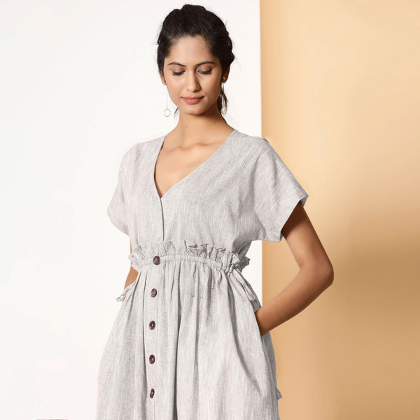 Front Detail of a Model wearing Bohemian Cotton Grey Frilled Dress