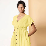 Front Detail of a Model wearing Lemon Yellow Frilled Cotton Knee Length Bohemian Dress