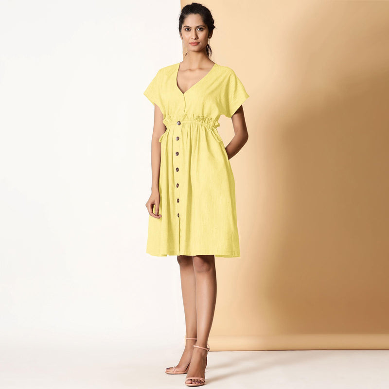 Front View of a Model wearing Lemon Yellow Frilled Cotton Knee Length Bohemian Dress