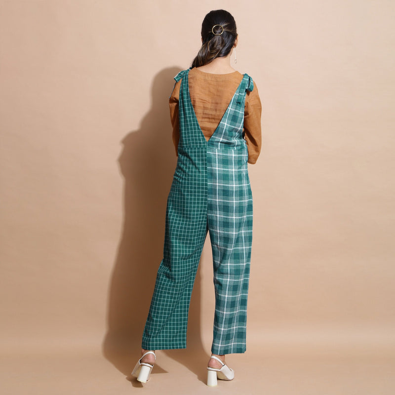 Back View of a Model wearing Bottle Green Cotton Ankle-Length Dungaree