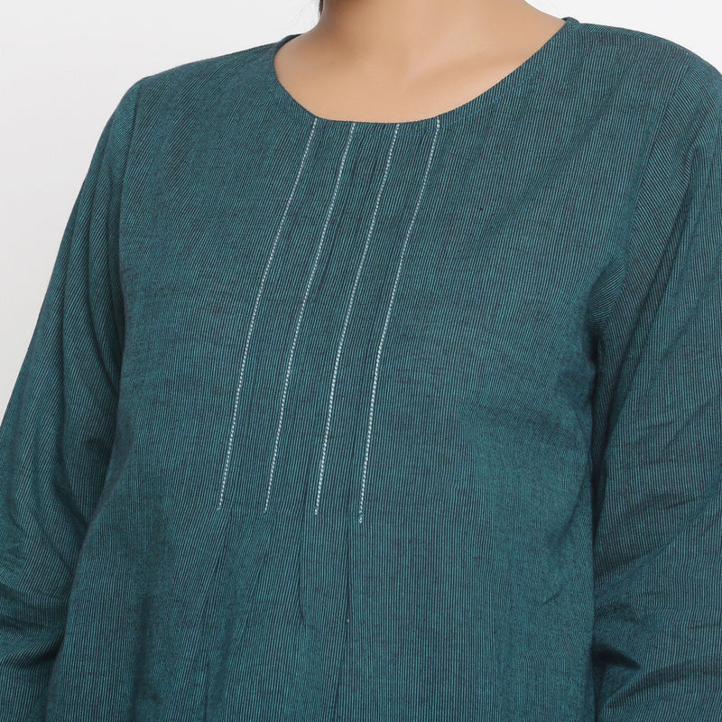 Front Detail of a Model wearing Bottle Green Cotton Striped High-Low Top