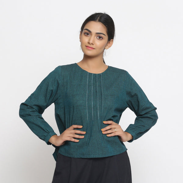 Front View of a Model wearing Bottle Green Cotton Striped High-Low Top