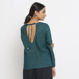 Back View of a Model wearing Bottle Green Cotton Striped High-Low Top