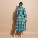 Back View of a Model wearing Bottle Green Puff Sleeves Gathered Dress