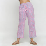 Front View of a Model wearing Pink And Blue Block Printed Cotton Pant