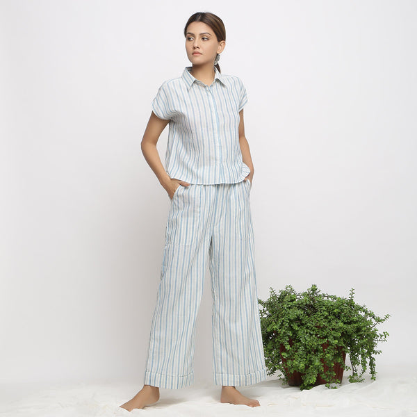 Front View of a Model Wearing Comfy Sky Blue Striped Shirt and Pant Set