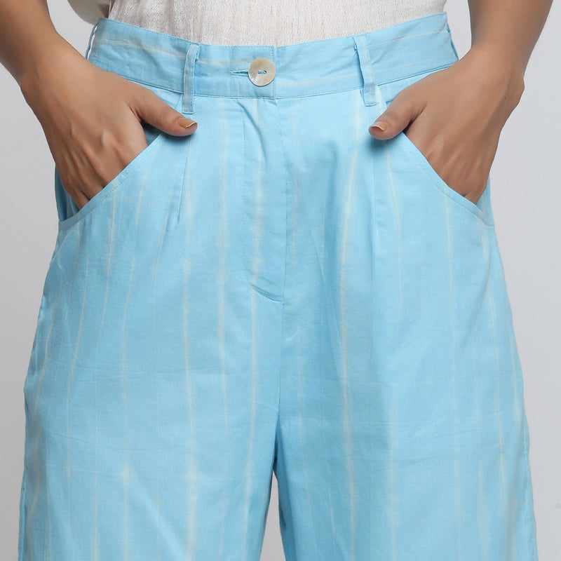 Front Detail of a Model wearing Breezy Blue Tie Dye Wide Legged Pant