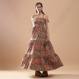 Front View of a Model wearing Bohemian Kalamkari Tiered Cotton Dress