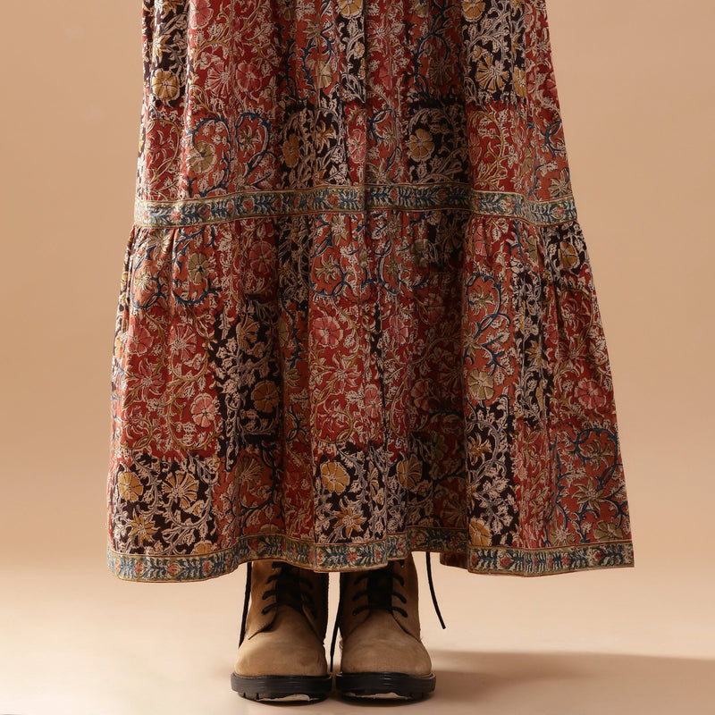 Close View of a Model wearing Bohemian Kalamkari Tiered Cotton Dress