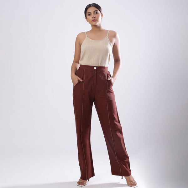 Front View of a Model wearing Breezy Brown Straight Fit Cotton Pant
