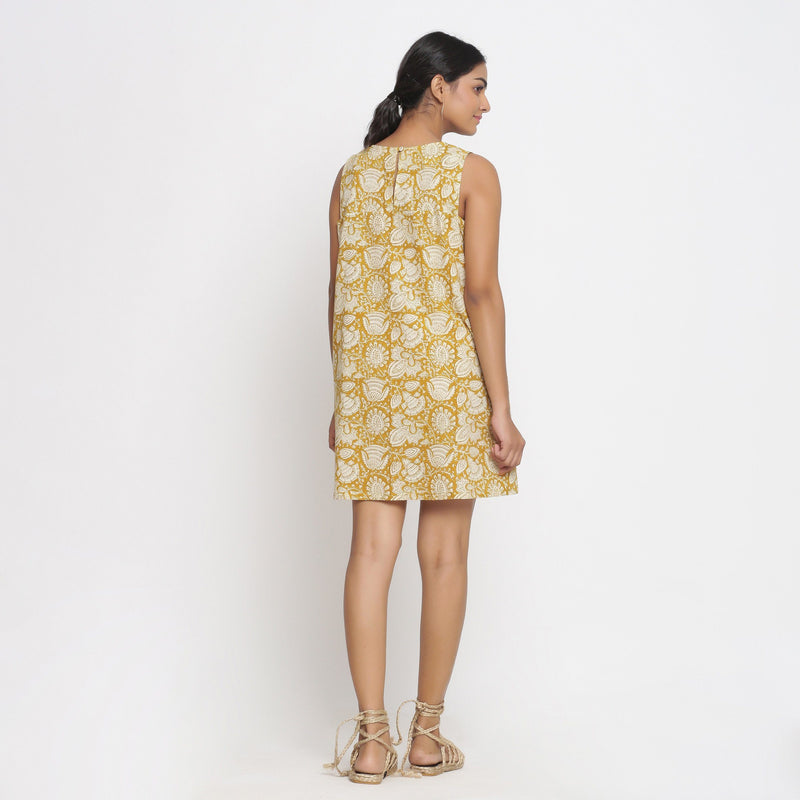 Back View of a Model wearing Bagru Print Mustard Shift Dress
