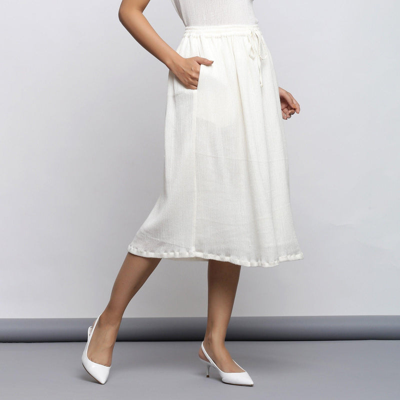 Buy Off-White Crinkled Cotton Elasticated Flared Midi Skirt Online at  SeamsFriendly