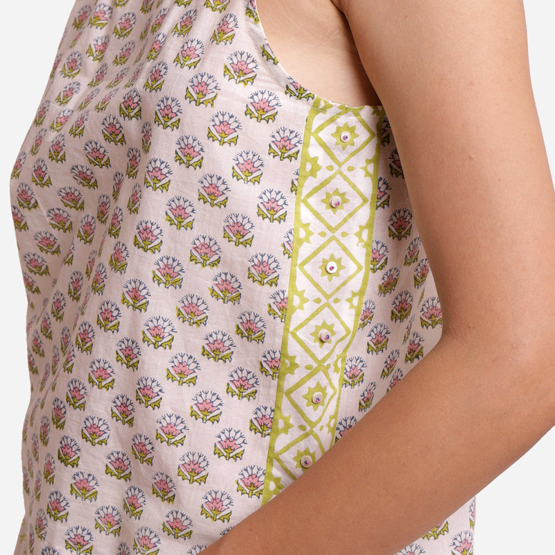 Left Detail of a Model wearing Block Printed Relaxed Fit Tank Top