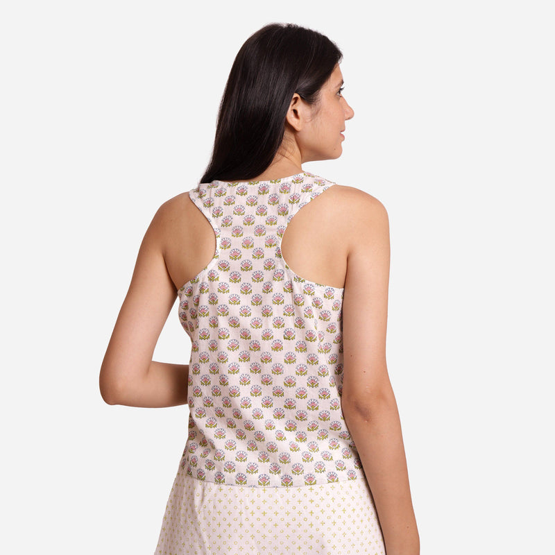 Back View of a Model wearing Block Printed Relaxed Fit Tank Top