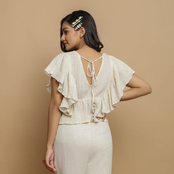 Back View of a Model wearing Undyed Crinkled Cotton Gathered Crop Top