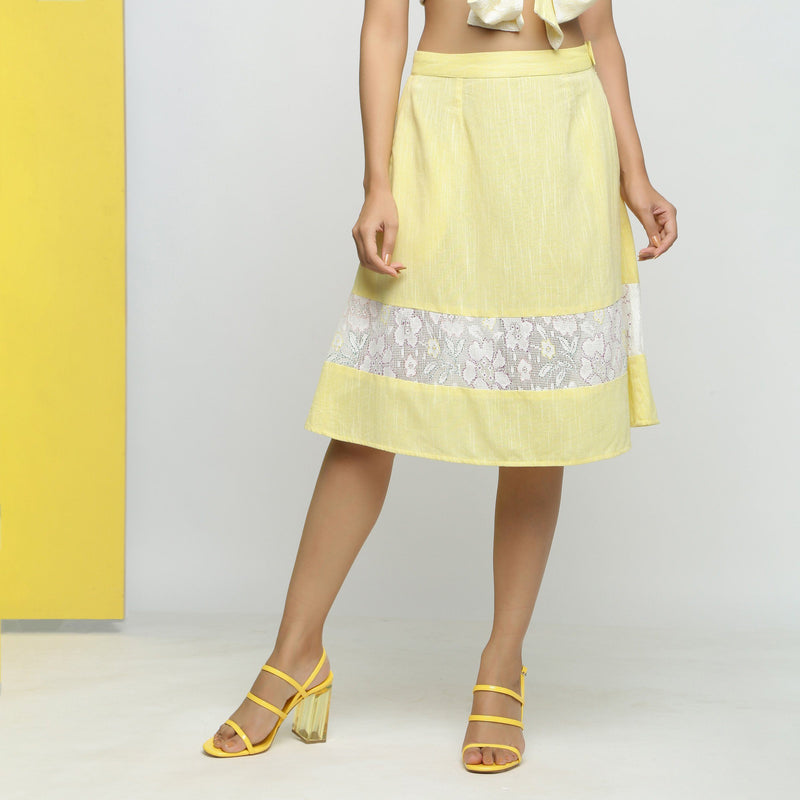 Front View of a Model wearing Hand Embroidered Cotton A-Line Skirt