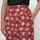 Front Detail of a Model wearing Brick Red Block Print Wide Straight Cotton Pant