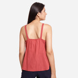 Back View of a Model wearing Brick Red 100% Cotton Slim Fit Spaghetti Top