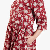 Front Detail of a Model wearing Bagru Block Print Tier Cotton Dress