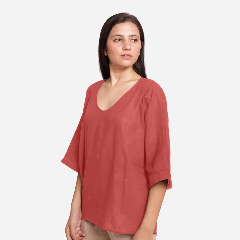 Left View of a Model wearing Brick Red Loose Fit Drop Shoulder Top