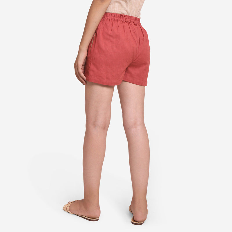 Back View of a Model wearing Brick Red Cotton Straight Shorts