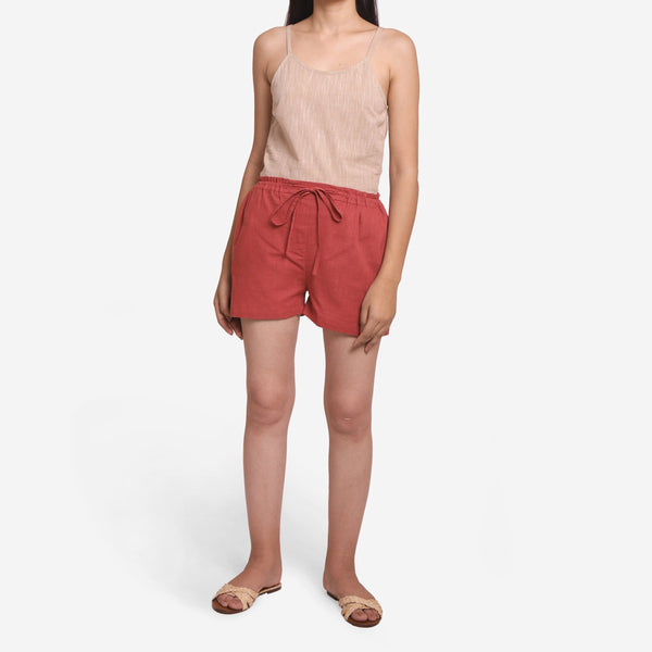 Front View of a Model wearing Brick Red Cotton Straight Shorts
