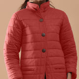 Front Detail of a Model wearing Brick Red Reversible Detachable Hoodie Quilted Cotton Jacket