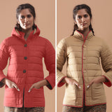 Front View of a Model wearing Brick Red Reversible Detachable Hoodie Quilted Cotton Jacket