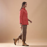 Right View of a Model wearing Brick Red Reversible Detachable Hoodie Quilted Cotton Jacket
