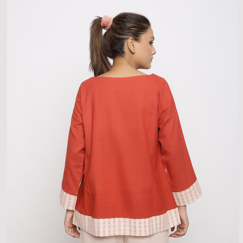 Back View of a Model wearing Brick Red Vegetable Dyed Handspun Cotton A-Line Top